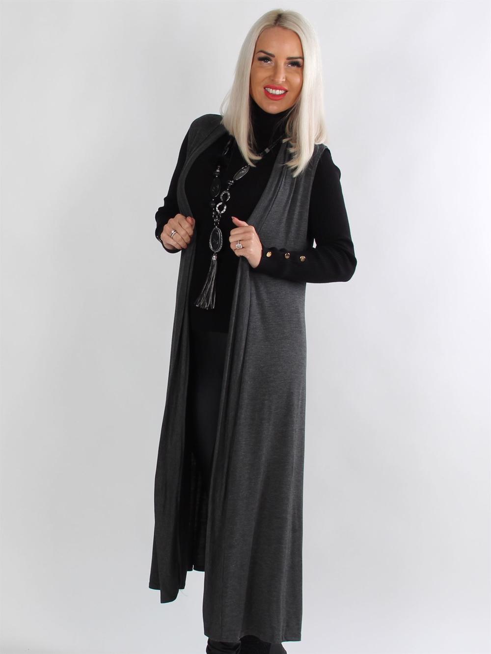 Mia - Armygrøn lang jersey cardigan uden ærmer